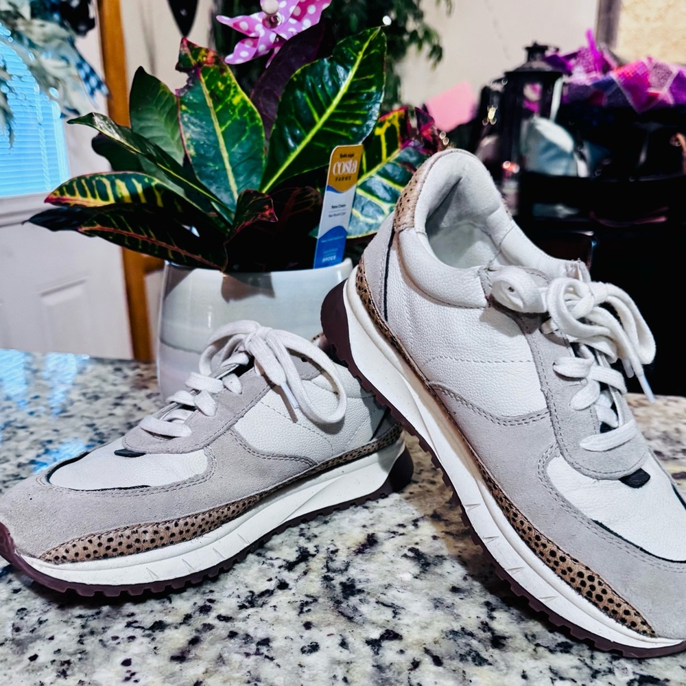 Madewell Kickoff White and Gray Leather Women's Sneakers with Leopard accents